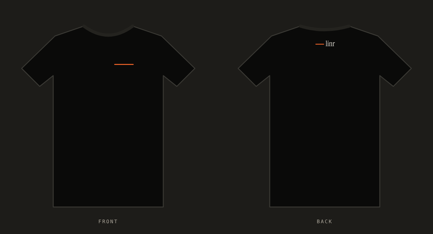 The linr tee: an orange line on the left chest, a small linr mark under the collar at the back